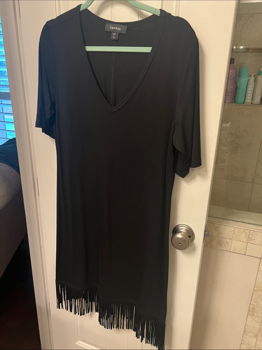 Karen Kane Black V-Neck Dress with Fringe Hem - Picture 1 of 2